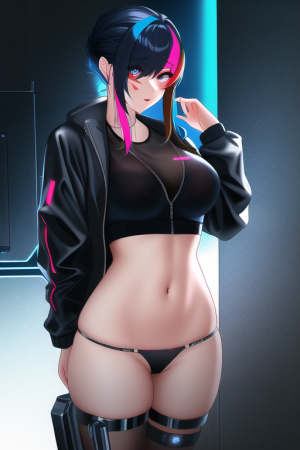 1girl, mechanical arms, artificial eye, jacket, crop top, thong, cyborg, markings, multicolore...png