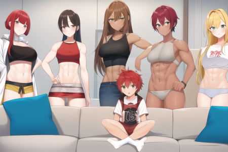 (5girls, muscular female, dark skin, tomboy, midriff, crop top, shot hair), AND, s-1216015324.png